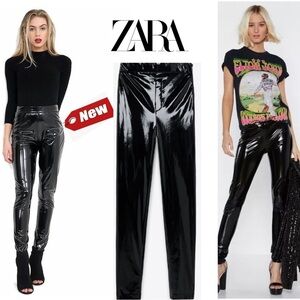 Zara black vinyl high-rise leggings skinny pants Sz XL NWT